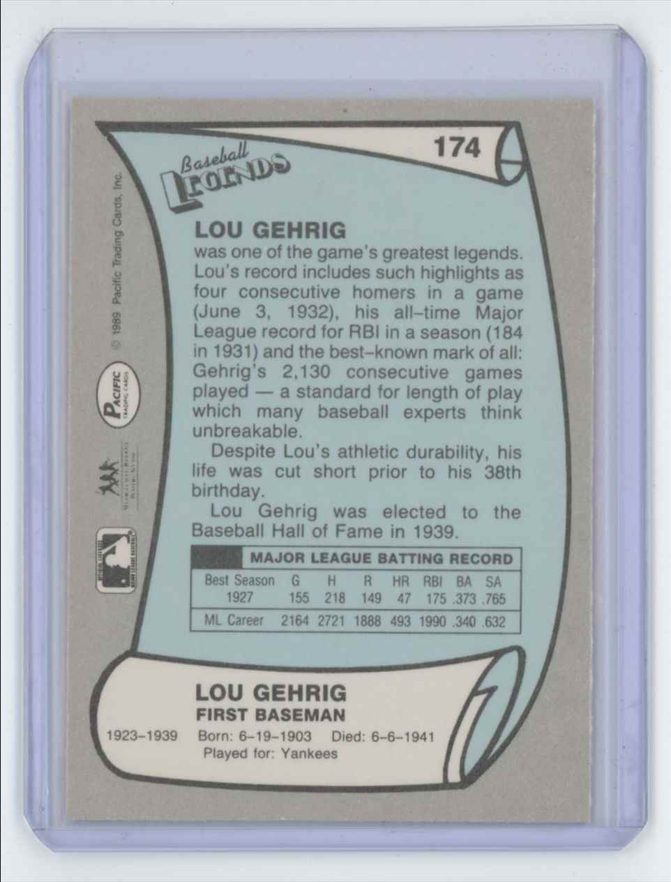 1989 Pacific Legends II Lou Gehrig Baseball Card #174
