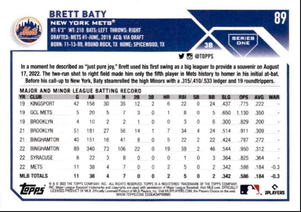 2023 Topps Baseball Cards Brett Baty Rookie New York Mets #89