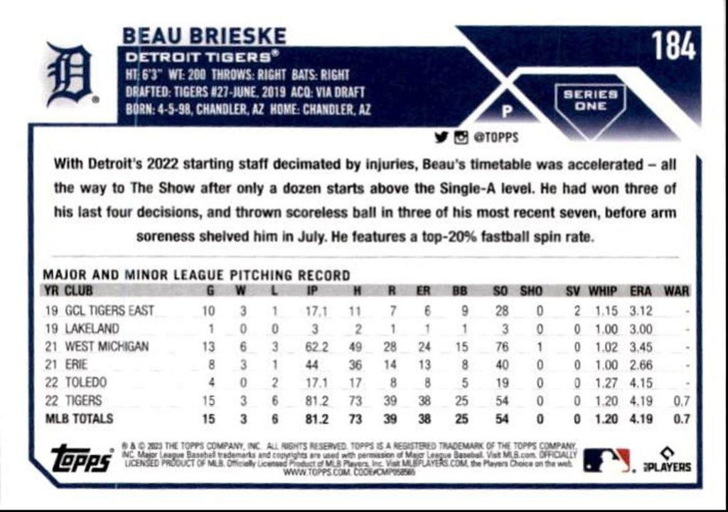 2023 Topps Baseball Cards Beau Brieske Detroit Tigers #184