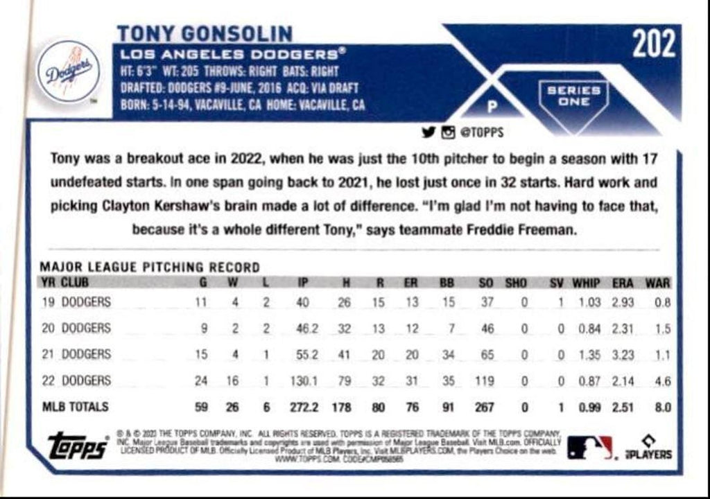 2023 Topps Baseball Cards Tony Gonsolin Los Angeles Dodgers #202