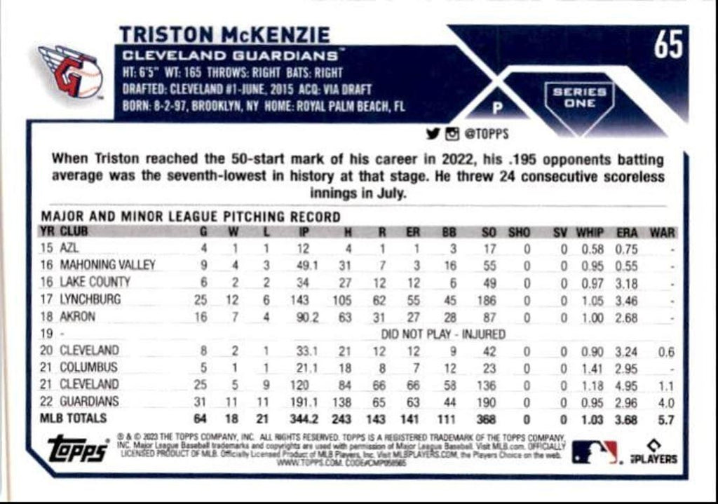 2023 Topps Baseball Cards Triston McKenzie Cleveland Guardians #65
