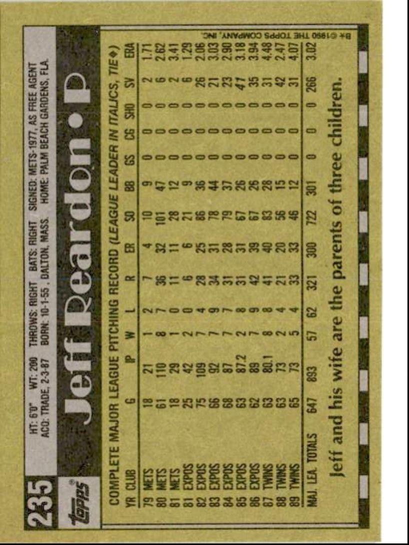 1990 Topps Baseball Cards Jeff Reardon Minnesota Twins #235