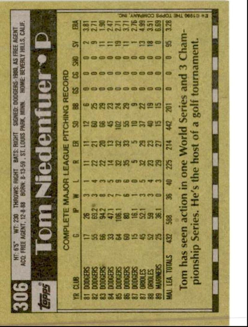 1990 Topps Baseball Cards Tom Niedenfuer Seattle Mariners #306