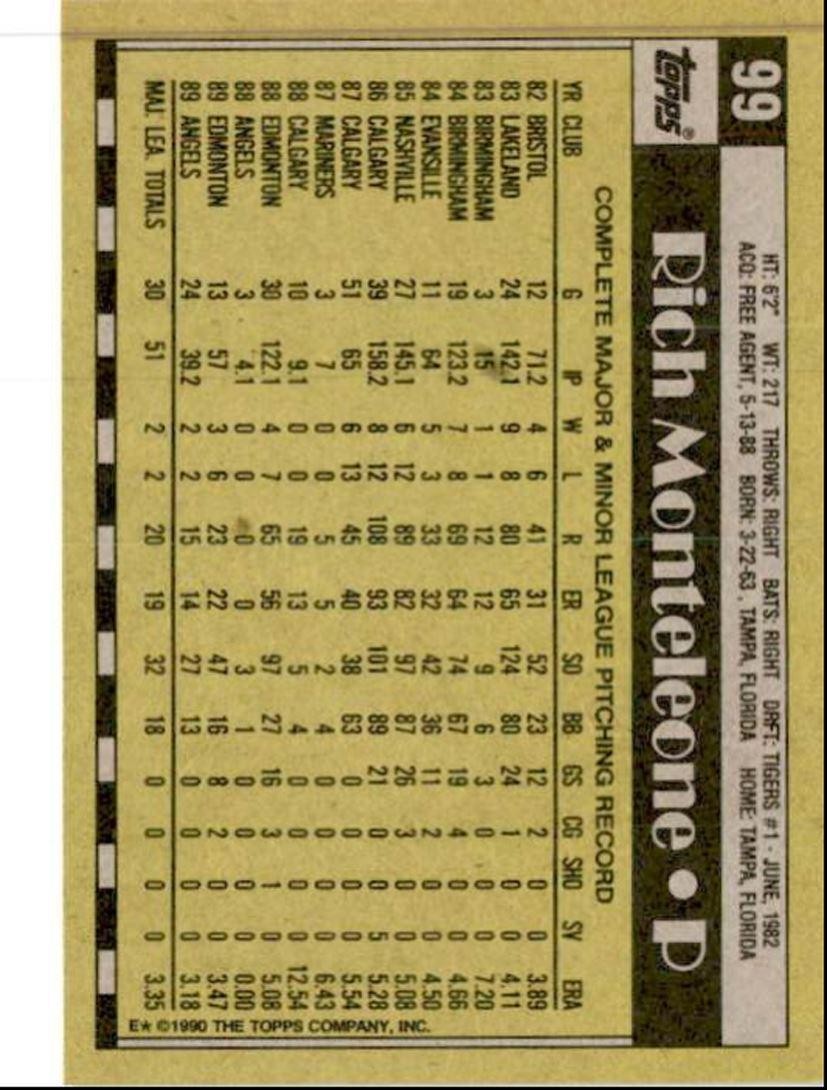 1990 Topps Baseball Cards Rich Monteleone California Angels #99