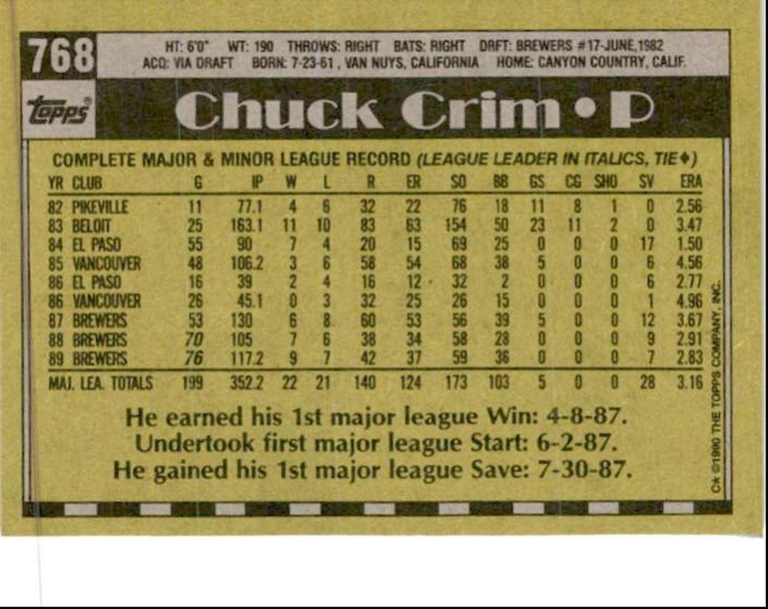 1990 Topps Baseball Cards Chuck Crim Milwaukee Brewers #768