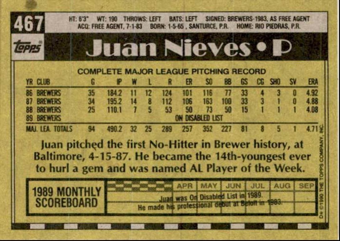 1990 Topps Baseball Cards Juan Nieves Milwaukee Brewers #467