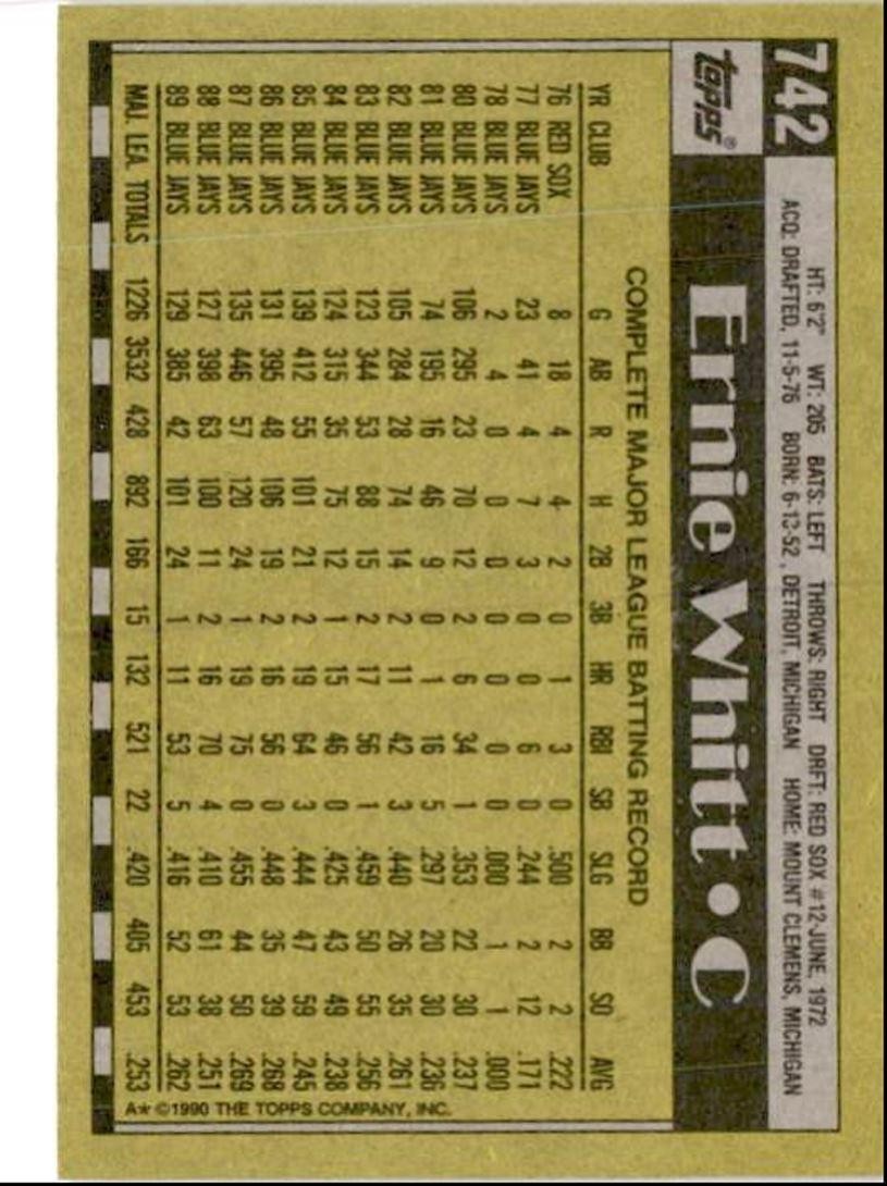 1990 Topps Baseball Cards Ernie Whitt Toronto Blue Jays #742
