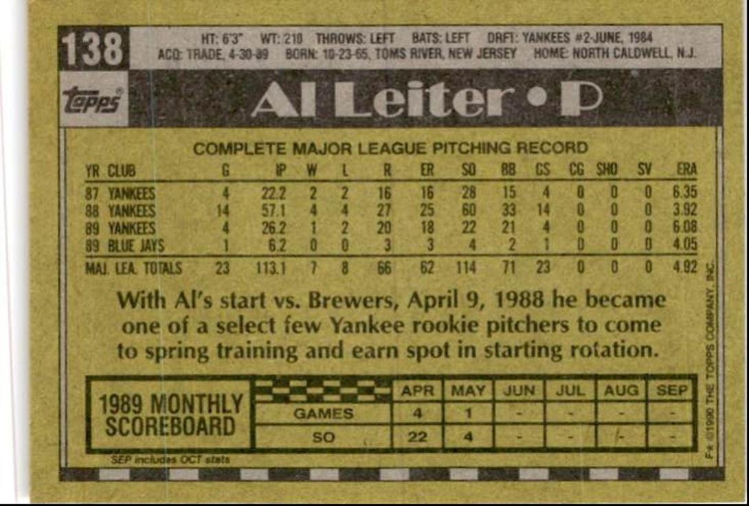 1990 Topps Baseball Cards Al Leiter Toronto Blue Jays #138