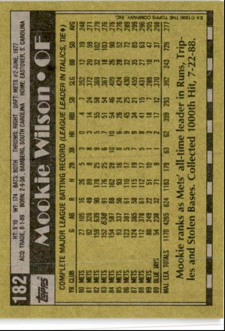 1990 Topps Baseball Cards Mookie Wilson Toronto Blue Jays #182