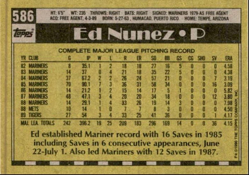 1990 Topps Baseball Cards Ed Nunez Detroit Tigers #586