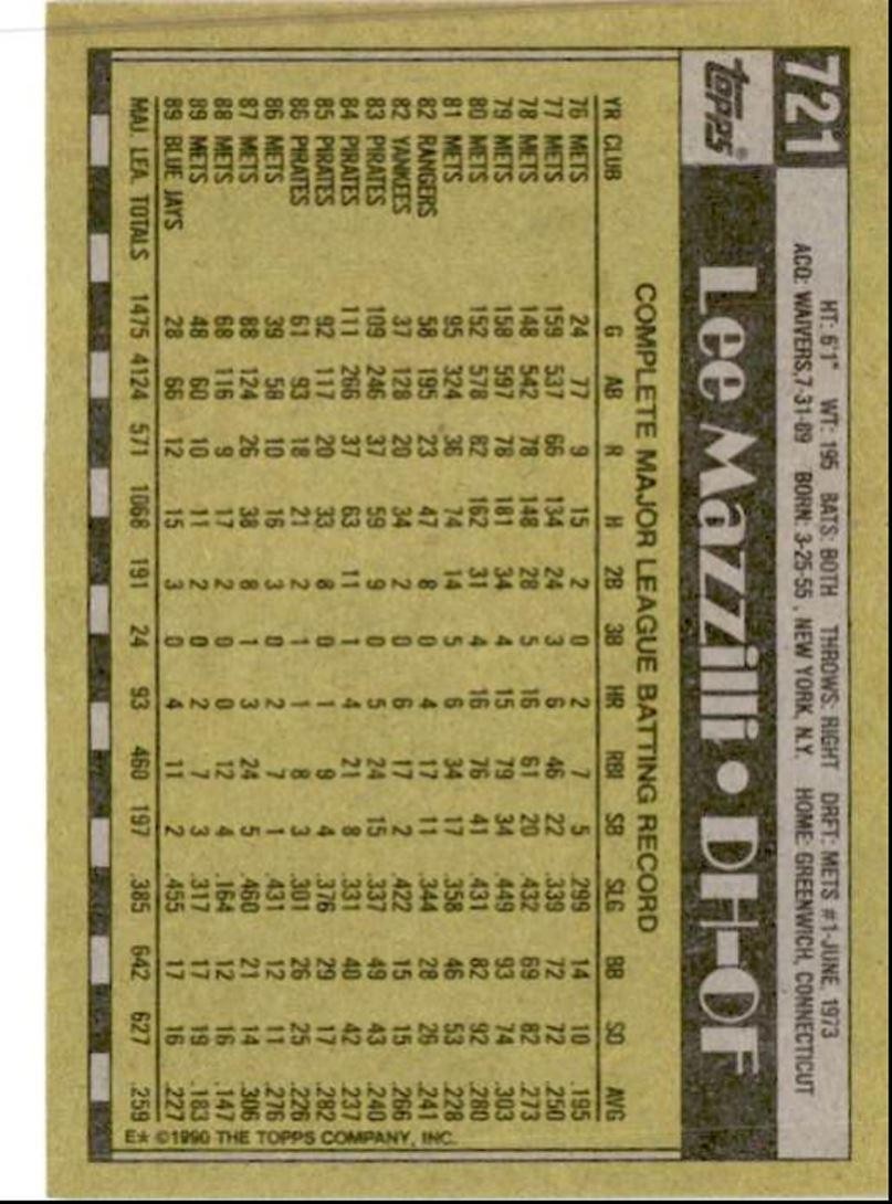 1990 Topps Baseball Cards Lee Mazzilli Toronto Blue Jays #721