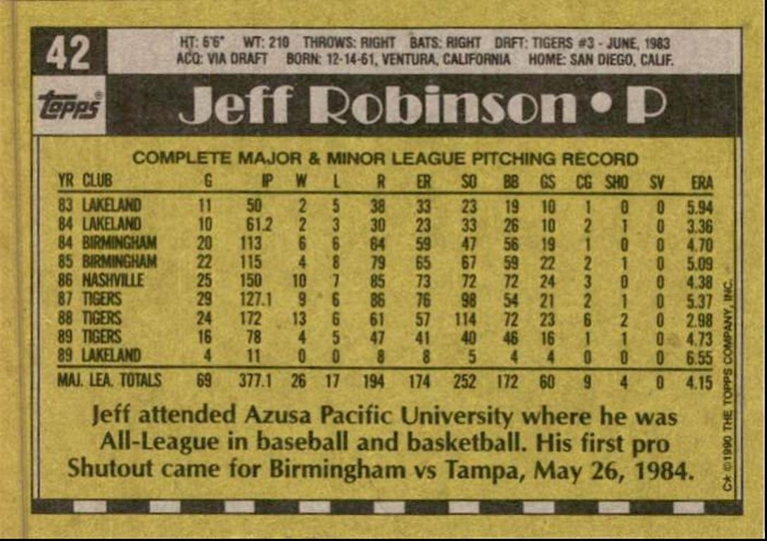 1990 Topps Baseball Cards Jeff Robinson Detroit Tigers #42