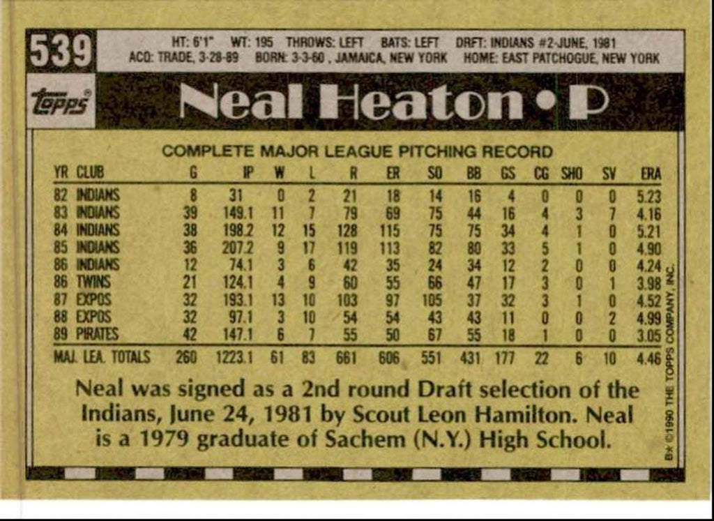 1990 Topps Baseball Cards Neal Heaton Pittsburgh Pirates #539