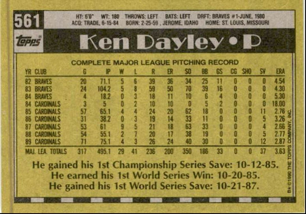 1990 Topps Baseball Cards Ken Dayley St. Louis Cardinals #561