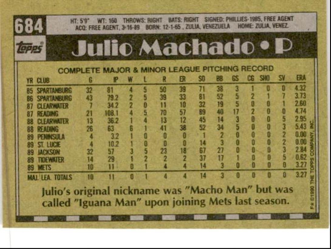 1990 Topps Baseball Cards Julio Machado Rookie New York Mets #684