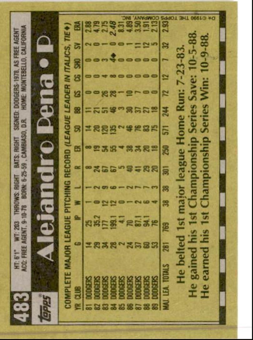 1990 Topps Baseball Cards Alejandro Pena Los Angeles Dodgers #483