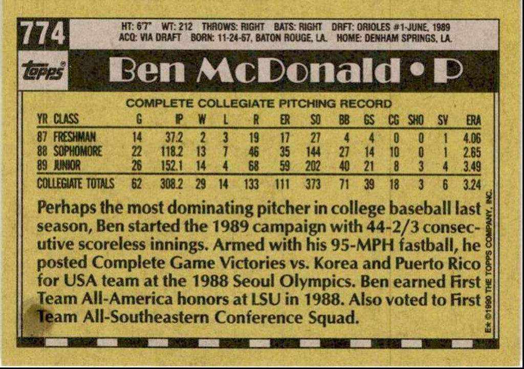 1990 Topps Baseball Cards Ben McDonald Rookie Baltimore Orioles #774