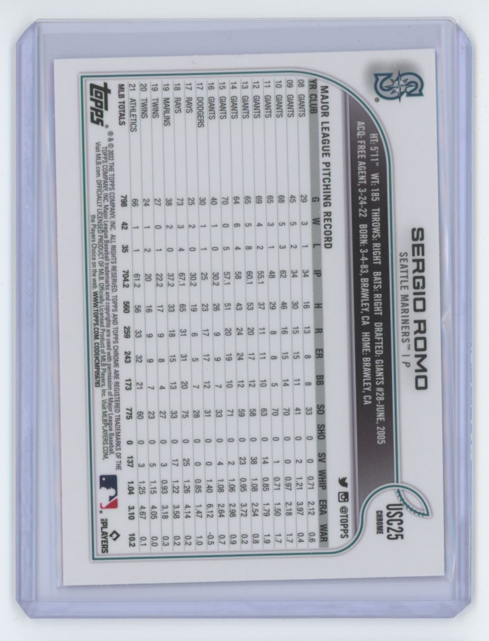 2022 Topps Chrome Sergio Romo Baseball Card #USC25
