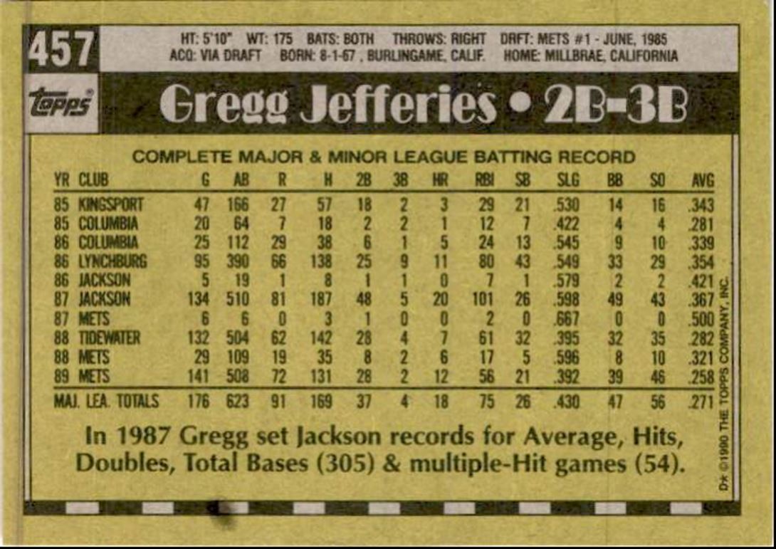 1990 Topps Baseball Cards Gregg Jefferies New York Mets #457