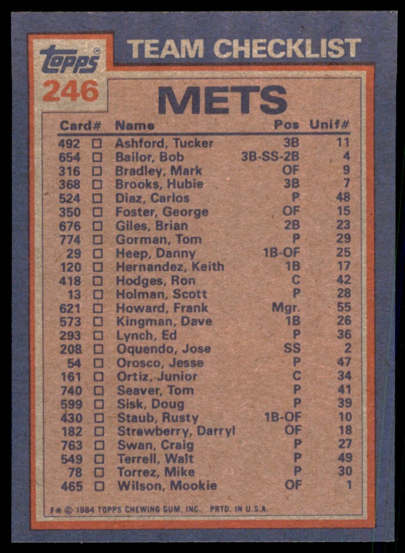1984 Topps Mookie Wilson/Tom Seaver B Baseball Cards #246