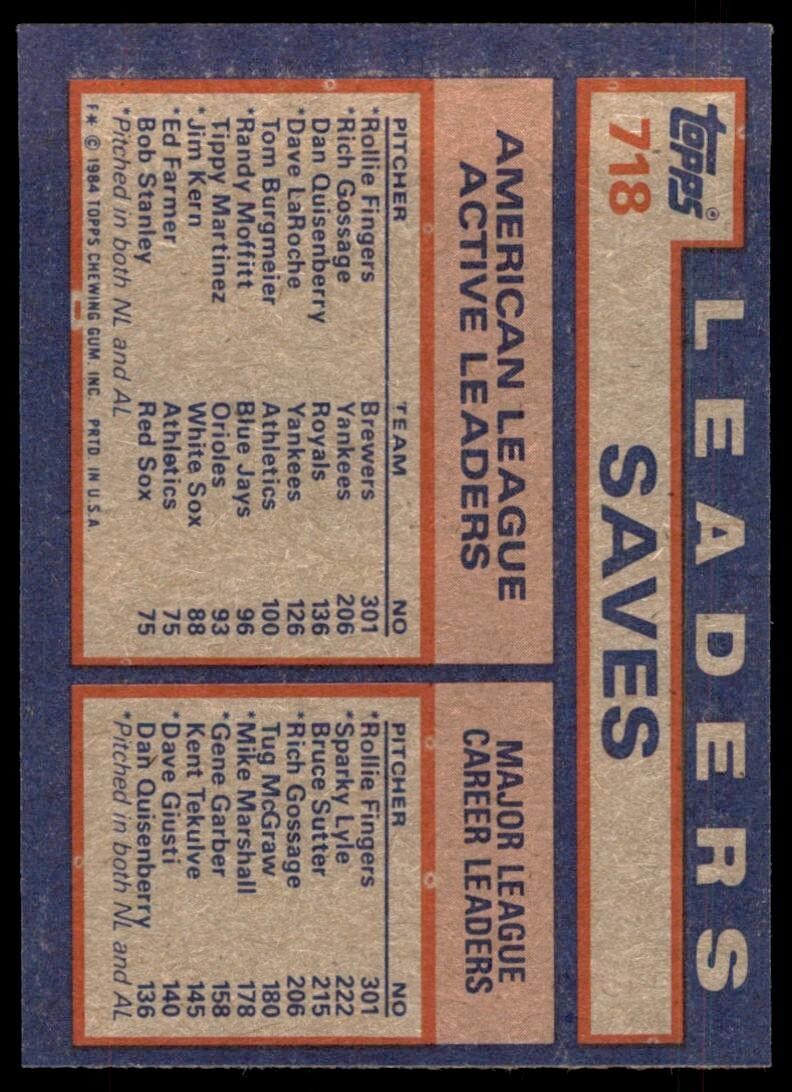 1984 Topps AL Active Career Save Leaders - Rollie Fingers/Rich Gossage/Dan