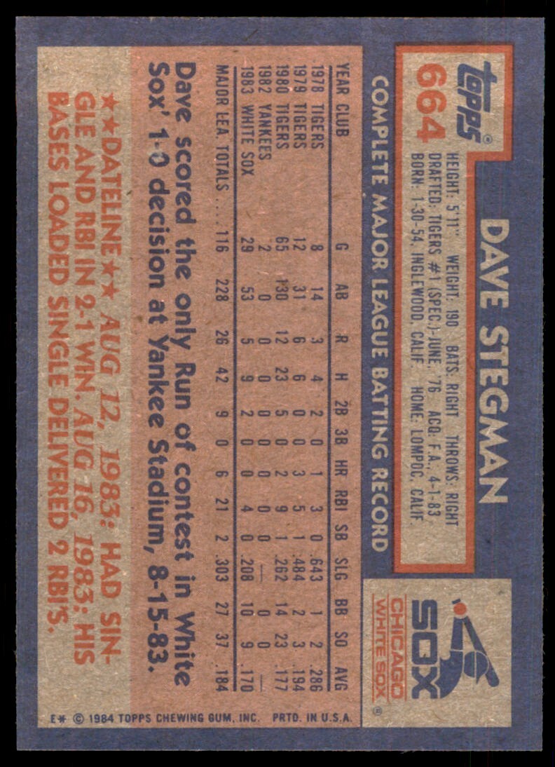 1984 Topps Dave Stegman C Baseball Cards #664