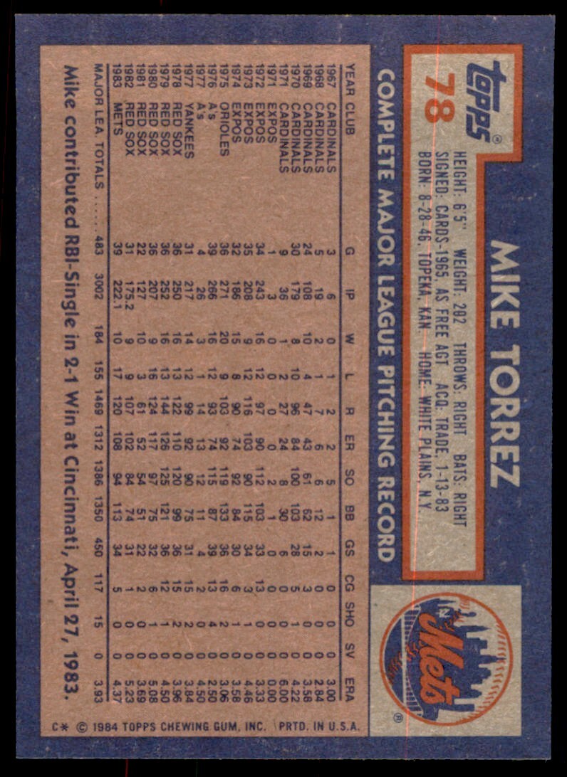 1984 Topps Mike Torrez A Baseball Cards #78