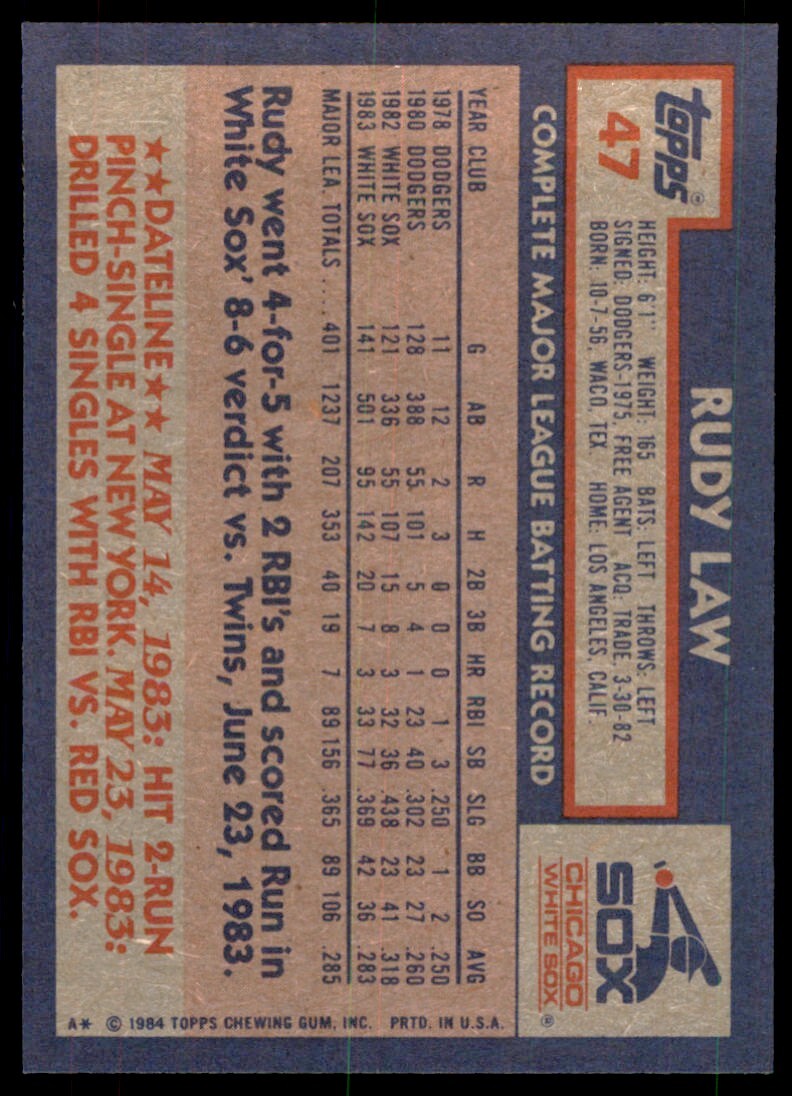 1984 Topps Rudy Law A Baseball Cards #47