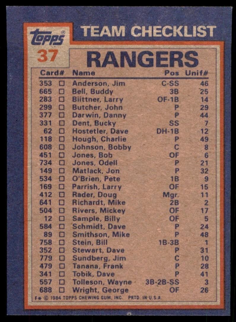 1984 Topps Buddy Bell/Rick Honeycutt B Baseball Cards #37