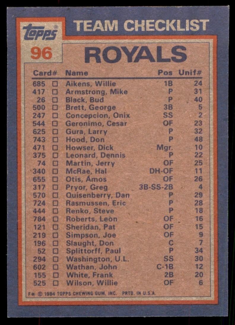 1984 Topps Hal McRae/Larry Gura C Baseball Card #96