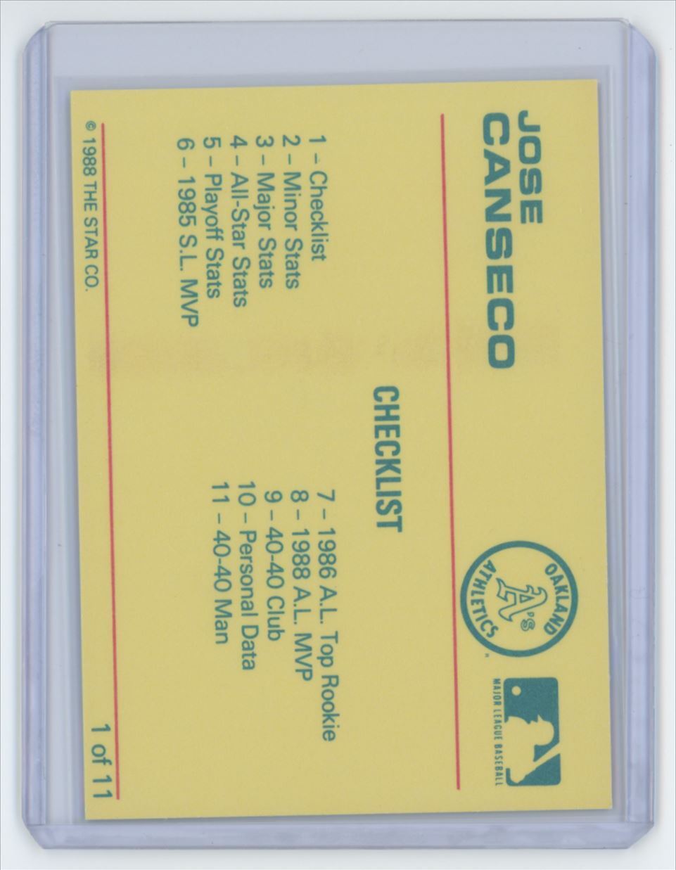 1988 Star Jose Canseco Baseball Card #1