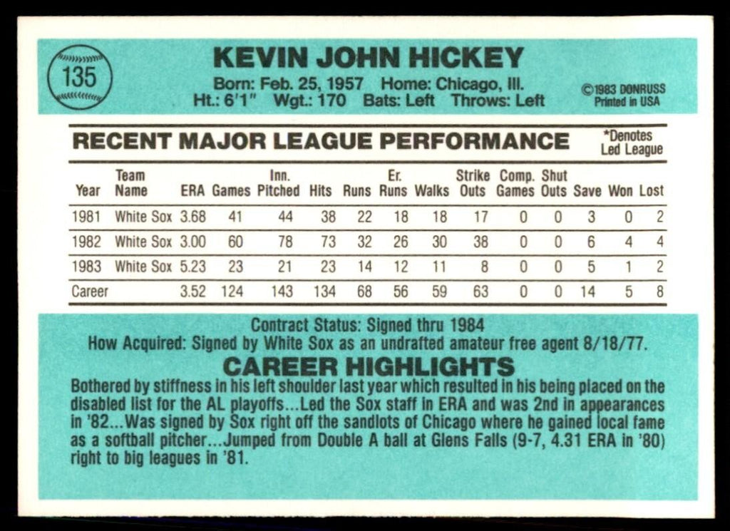 1984 Donruss Kevin Hickey B Baseball Cards #135