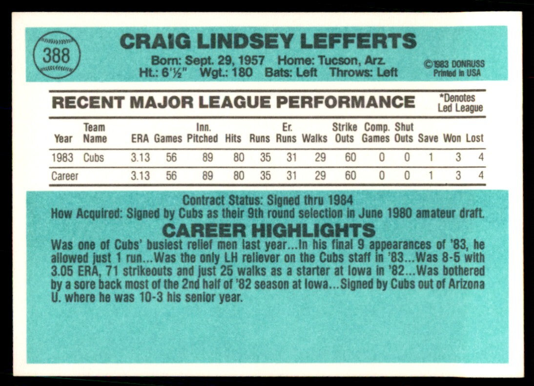 1984 Donruss Craig Lefferts B Baseball Cards #388