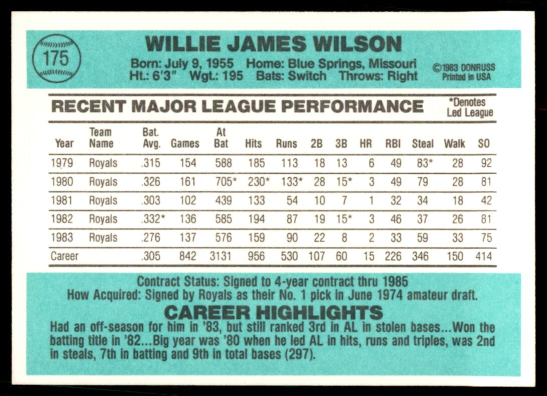 1984 Donruss Willie Wilson A Baseball Cards #175