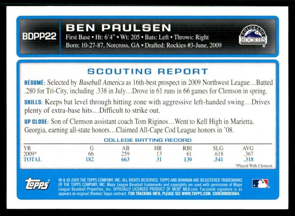2009 Bowman Ben Paulsen Baseball Cards #BDPP22