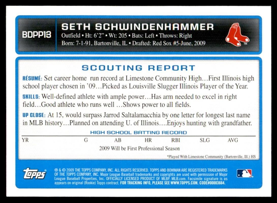 2009 Bowman Seth Schwindenhammer Baseball Cards #BDPP13