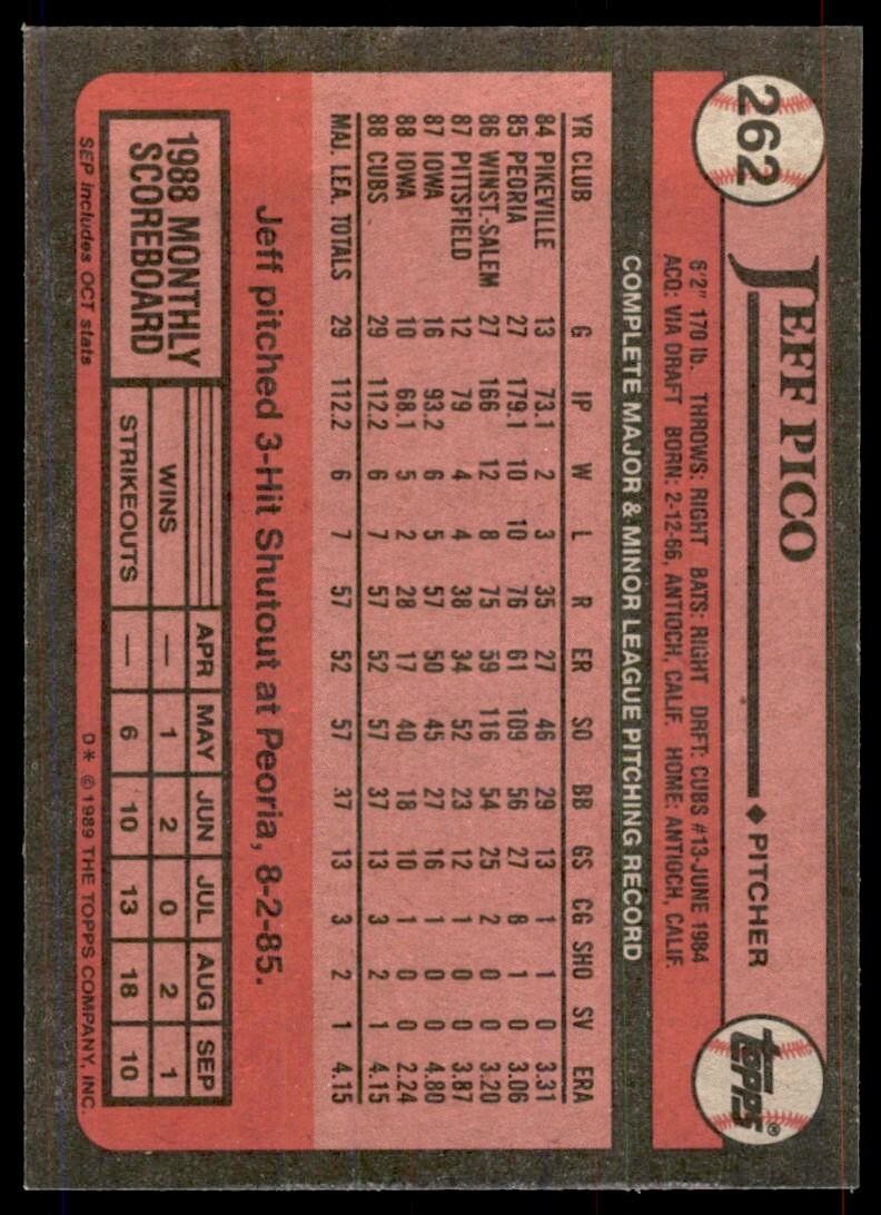 1989 Topps Baseball Card Jeff Pico Rookie Chicago Cubs #262