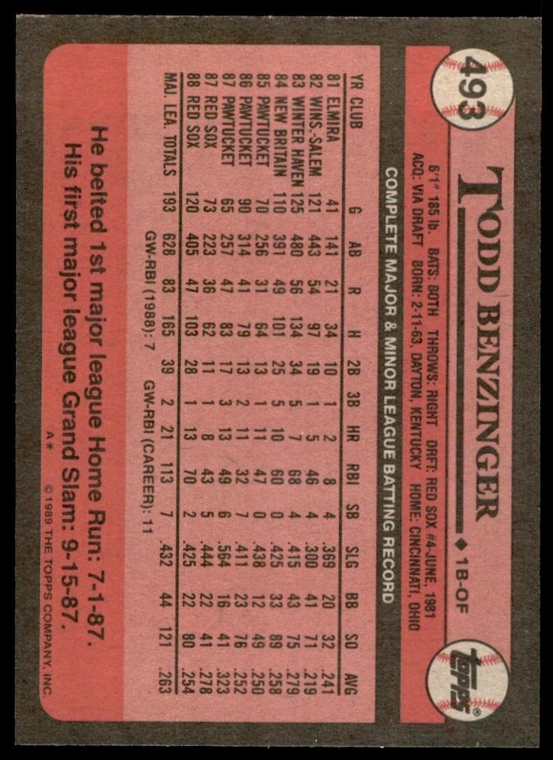 1989 Topps Baseball Card Todd Benzinger Boston Red Sox #493