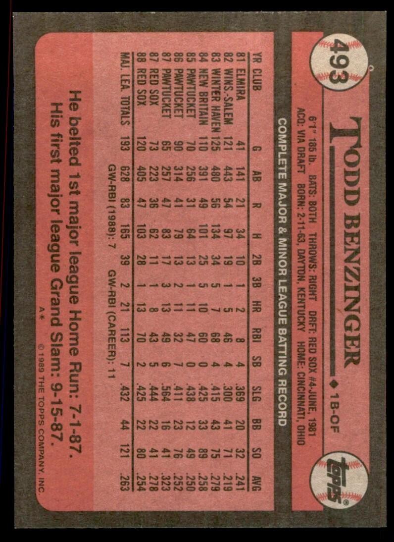 1989 Topps Baseball Card Todd Benzinger 1b Boston Red Sox #493