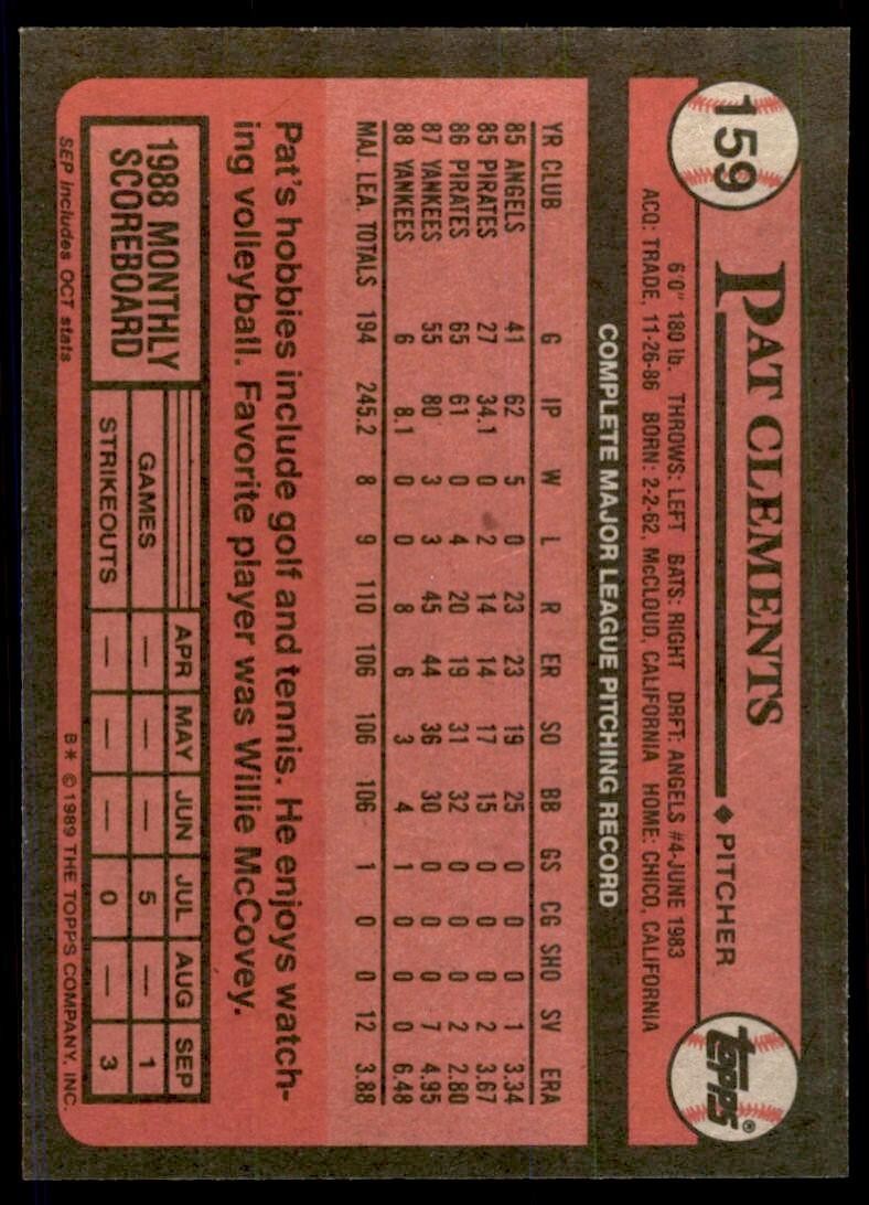 1989 Topps Baseball Card Pat Clements p New York Yankees #159