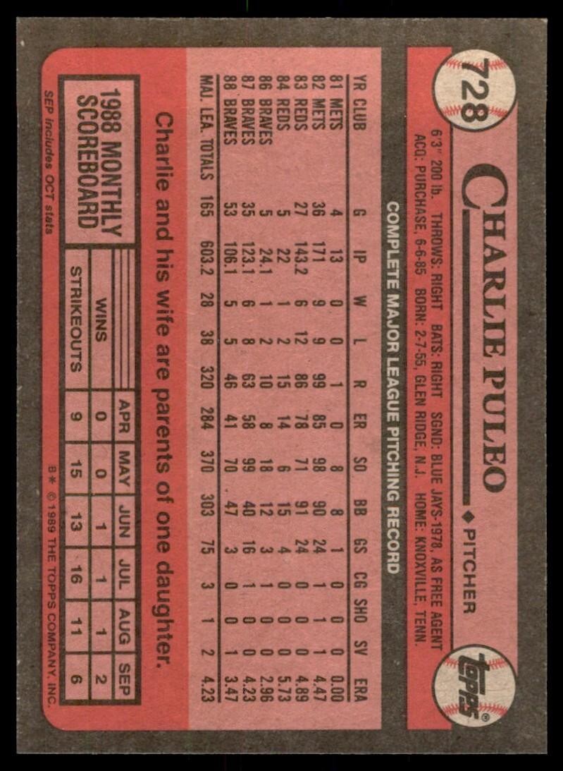 1989 Topps Baseball Card Charlie Puleo Atlanta Braves #728