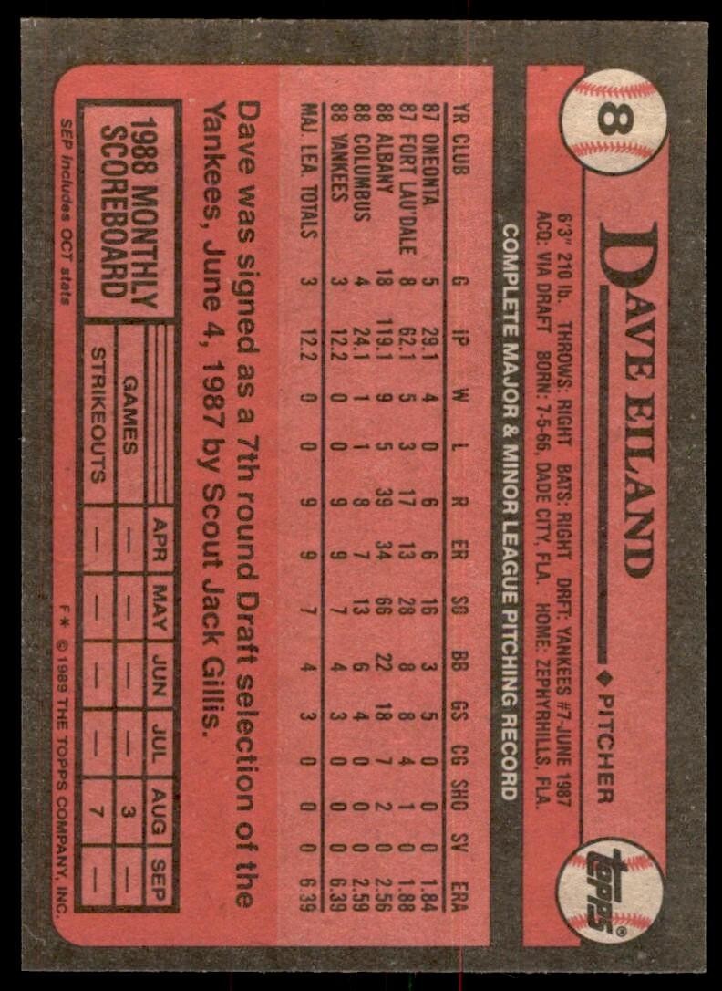1989 Topps Baseball Card Dave Eiland Rookie p New York Yankees #8
