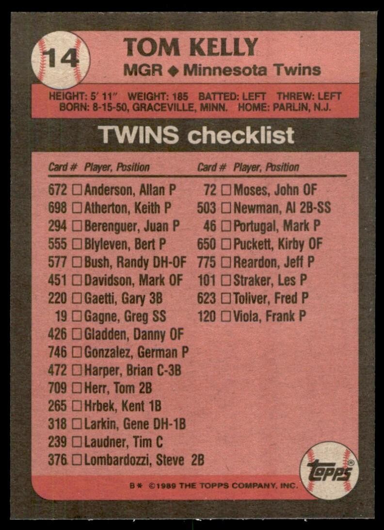 1989 Topps Baseball Card Tom Kelly Minnesota Twins #14