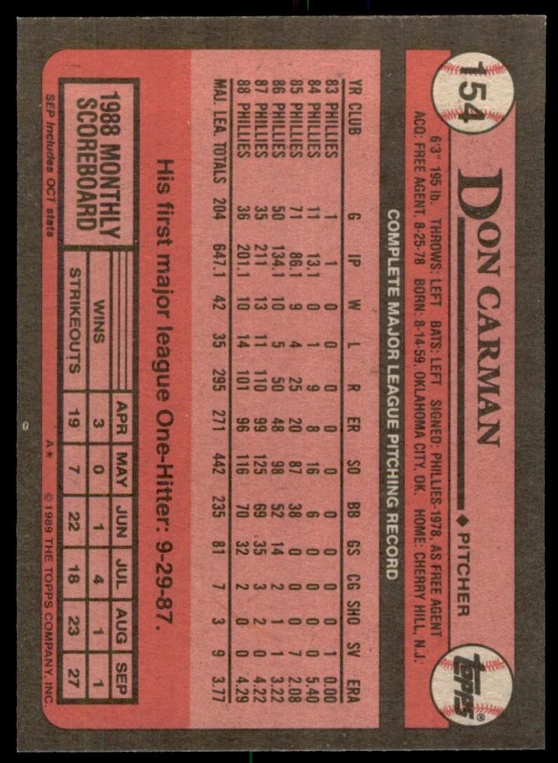 1989 Topps Baseball Card Don Carman Philadelphia Phillies #154