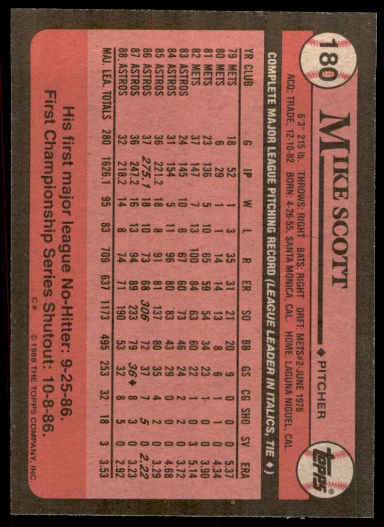 1989 Topps Baseball Card Mike Scott Houston Astros #180