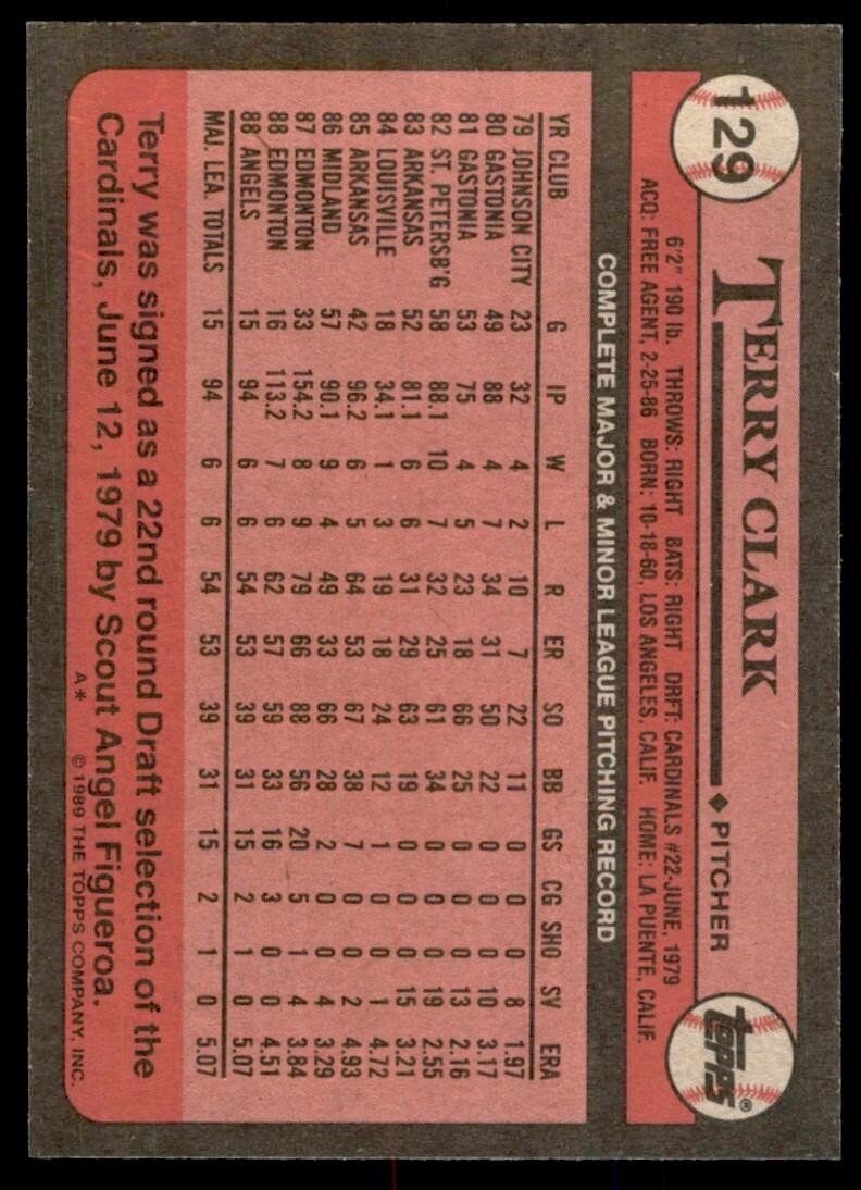1989 Topps Baseball Card Terry Clark Rookie California Angels #129