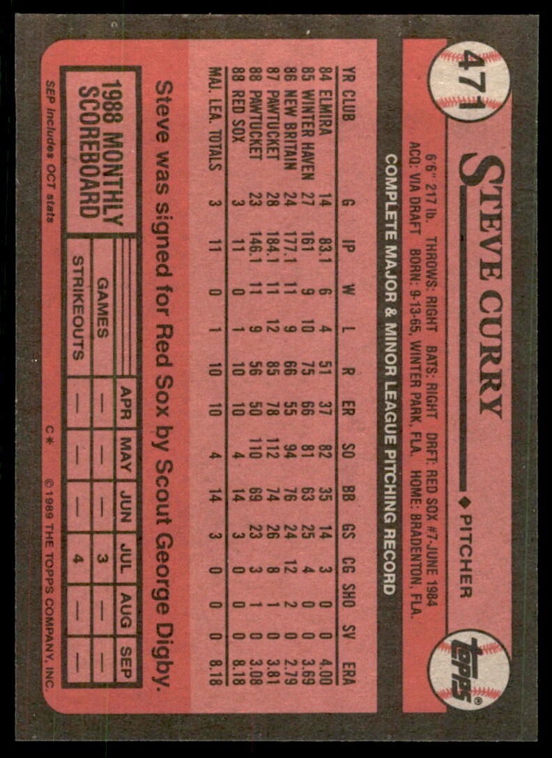 1989 Topps Baseball Card Steve Curry Rookie p Boston Red Sox #471