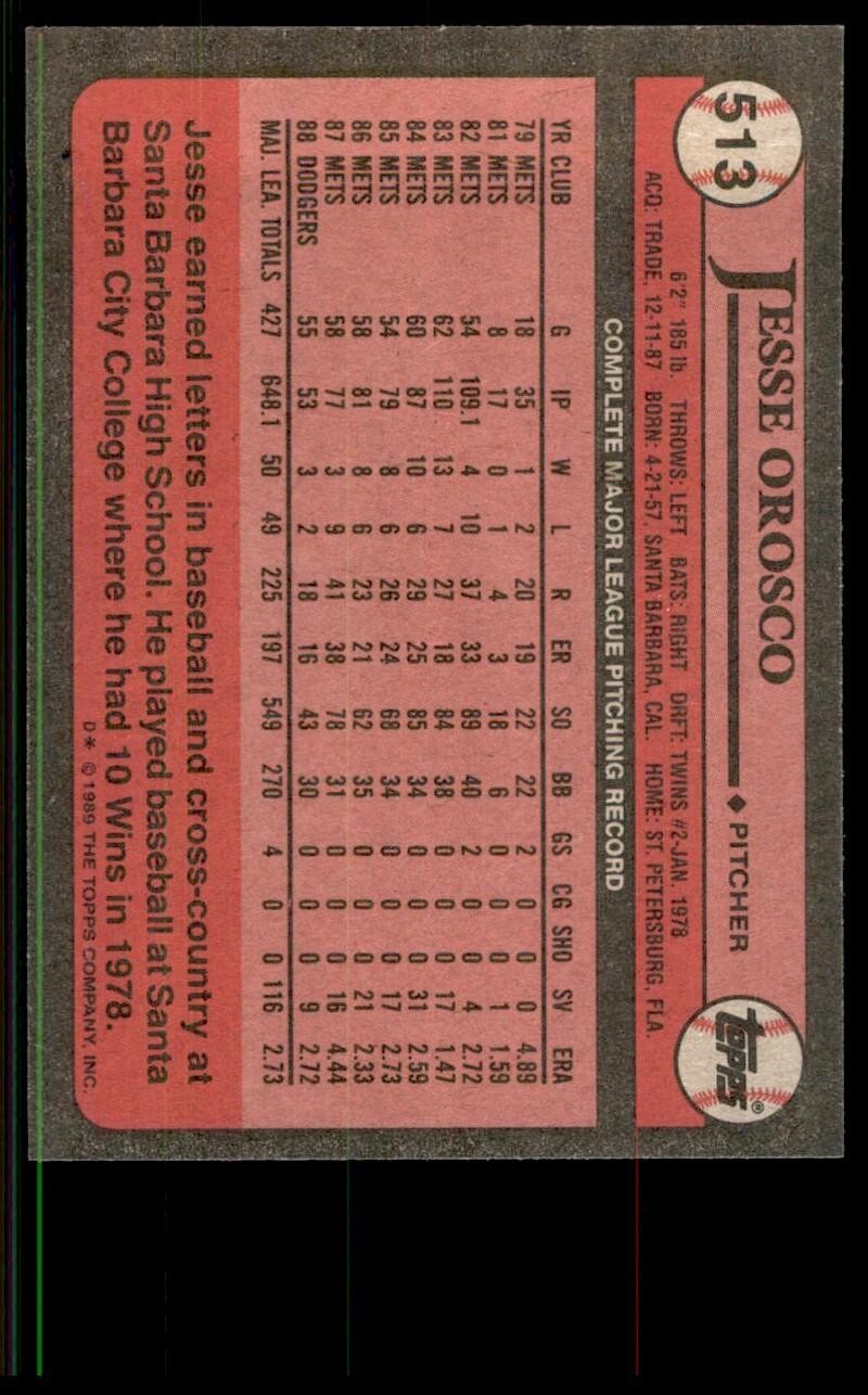 1989 Topps Baseball Card Jesse Orosco Los Angeles Dodgers #513