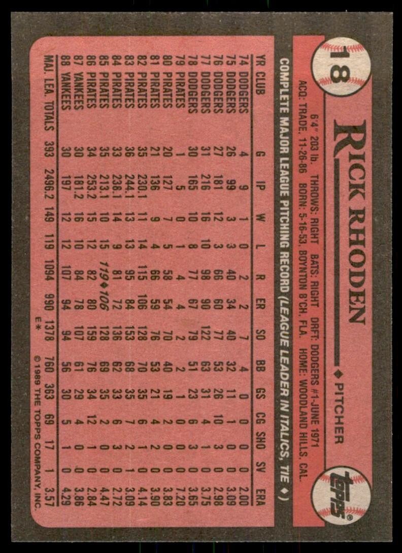 1989 Topps Baseball Card Rick Rhoden New York Yankees #18