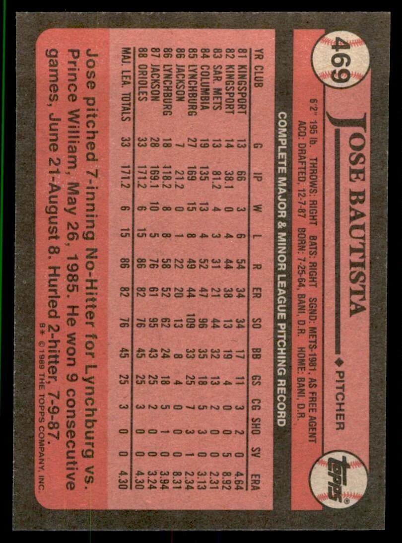 1989 Topps Baseball Card Jose Bautista Rookie p Baltimore Orioles #469